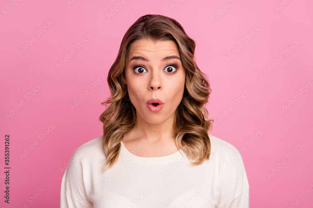 Close-up portrait of her she nice-looking attractive lovely pretty charming cute cheerful amazed wavy-haired girl cool news reaction pout lips isolated over pink pastel color background Close-up portrait of her she nice-looking attractive lovely pretty charming cute cheerful amazed wavy-haired girl cool news reaction pout lips isolated over pink pastel color background