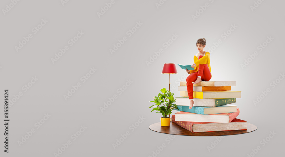 Young pretty female reads sitting on a stack of books. Young pretty female reads sitting on a stack of books.