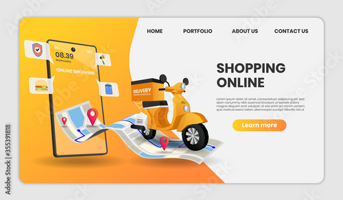 Food delivery service perspective landing page with bike transportation, Online shipping application, smartphone with gps mark on screen, 3d vector illustration.