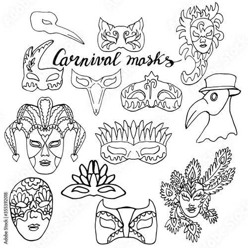 Set of hand-drawn doodle face masks. Cat masks  a Plague Doctor  of harlequin. Festival Mardi Gras  masquerade. Isolated on white background. For coloring book for adult or element for design. 