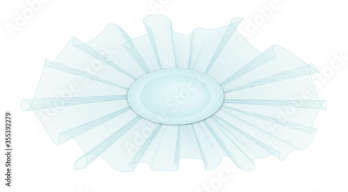 Elegant turquoise green frill with oval button. Veil, muslin ruched bow. Pastel colored stylization of an old-fashioned item. Vector line art pattern. Design element isolated on white background EPS10