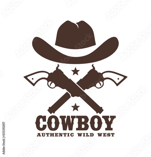Cowboy icon with hat and crossed guns. Western tattoo. Wild west stencil emblem. Vector illustration.