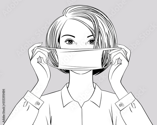 Blonde girl puts a surgical mask on her face