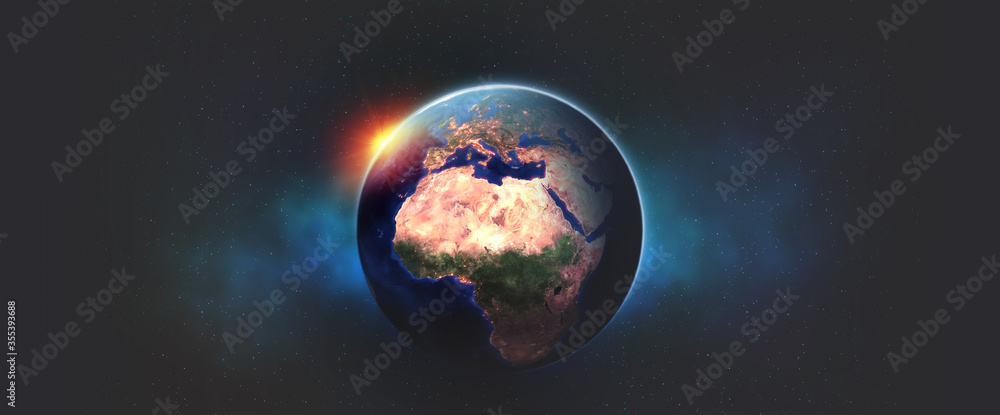 Planet Earth 3D illustration. View from orbit to African continent and Europe. Night and bright city lights. Elements of this image are furnished by NASA - obrazy, fototapety, plakaty 