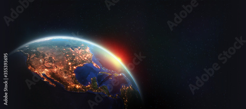 Earth orbit. North America and night lights of cities. Planet in space 3d illustration. Elements of this image are furnished by NASA