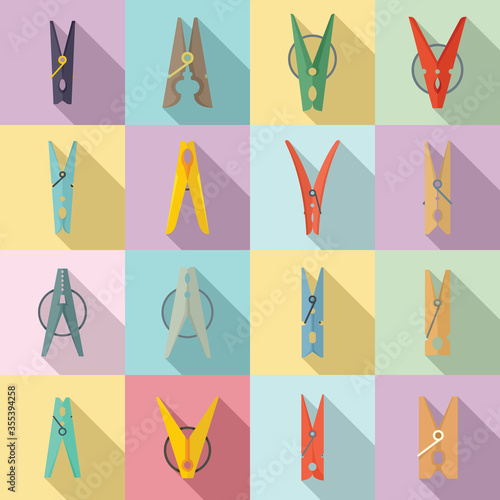 Clothes pins icons set. Flat set of clothes pins vector icons for web design
