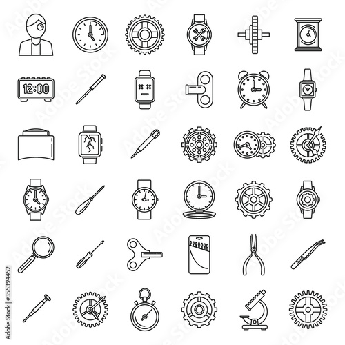 Mechanic watch repair icons set. Outline set of mechanic watch repair vector icons for web design isolated on white background