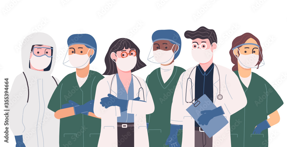 Flat style vector illustration collection of professional doctor and nurse team. Medical staff in uniform and hazmet suit standing. Heroes fighting the corona covid-19 virus.
