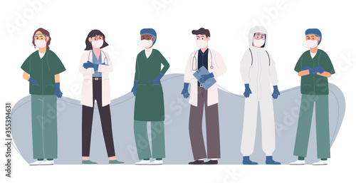 Flat style vector illustration collection of professional doctor and nurse team. Medical staff in uniform and hazmet suit standing. Heroes fighting the corona covid-19 virus.