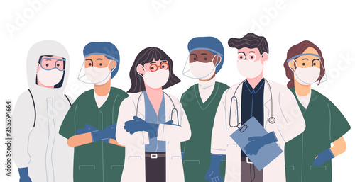 Flat style vector illustration collection of professional doctor and nurse team. Medical staff in uniform and hazmet suit standing. Heroes fighting the corona covid-19 virus. photo