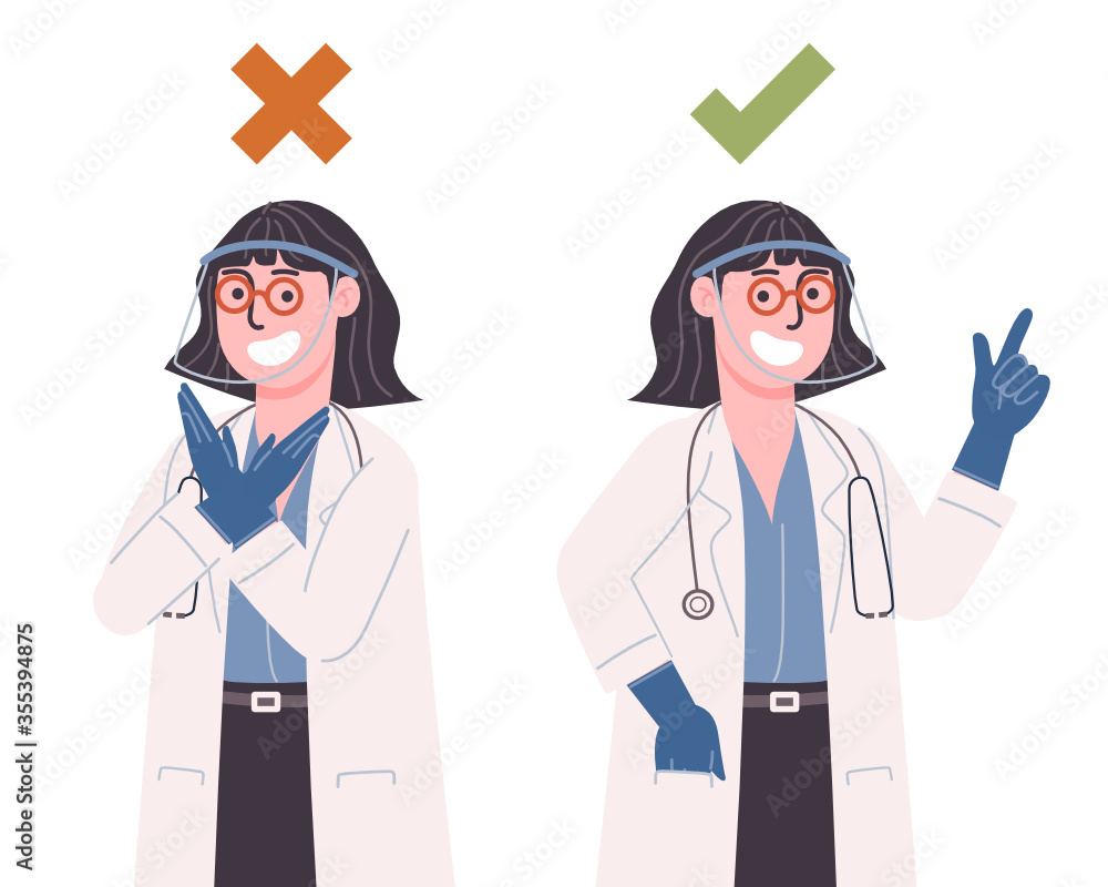 Flat style vector illustration collection of professional doctor pose. Medical staff in uniform and face shield standing. Concept of medical advice by doctor, Do and do not pose. Isolated on white bg. Flat style vector illustration collection of professional doctor pose. Medical staff in uniform and face shield standing. Concept of medical advice by doctor, Do and do not pose. Isolated on white bg.