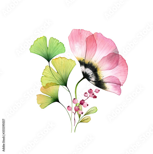 Fototapeta Naklejka Na Ścianę i Meble -  Watercolor tulip bouquet. Big pink flower with ginkgo leaves and berries isolated on white. Hand painted artwork with x-ray flower. Botanical illustration for cards, wedding design