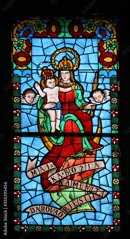 Our Lady of Kamenita Vrata stained glass at the Church of the Visitation of the Virgin Mary in Cirkvena, Croatia