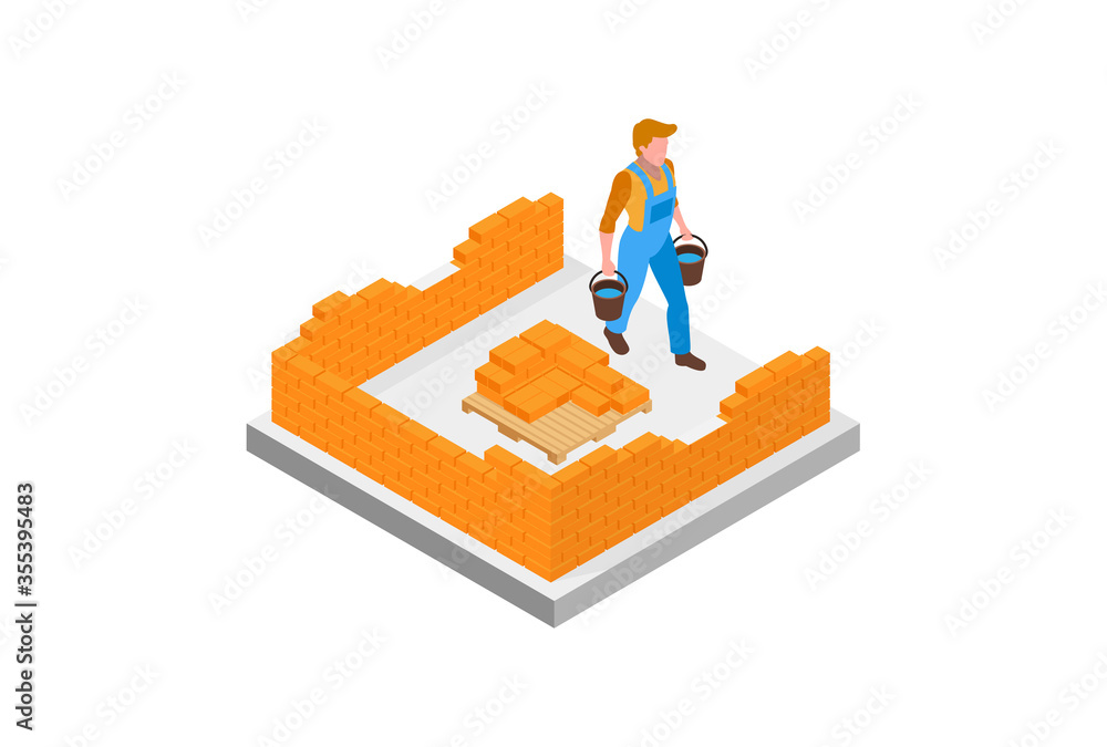Vector isometric house construction site. House builder working on new ...