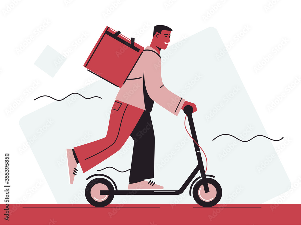 Vector illustration of a food delivery courier riding an electric scooter Vector illustration of a food delivery courier riding an electric scooter