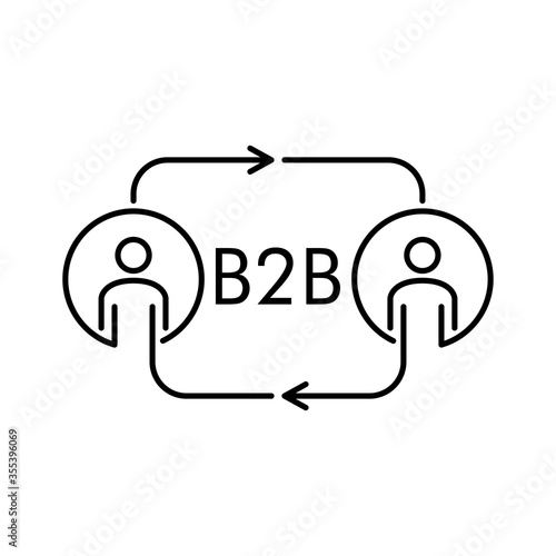 Icono plano lineal texto B2B con hombres y flechas girando en color negro