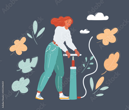 Young beautiful woman using bike air pump, vector isolated illustration.