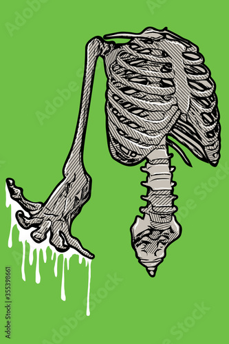 Abstract vector illustration of rib and the arms with white blood drops on a green background.