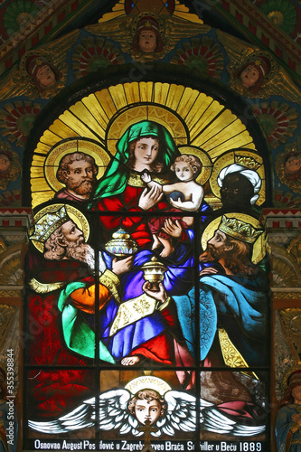 Adoration of the Magi, stained glass on the main altar to the Church of the Holy Three Kings in Kraljev Vrh, Croatia