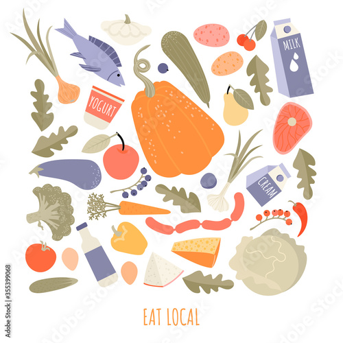 Eat local. Farm banner vector template with set of vegetables, fruits, meat and dairy produce.