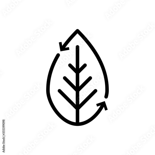 Símbolo de reciclado orgánico. Icono plano lineal hoja de planta con flechas girando en color negro