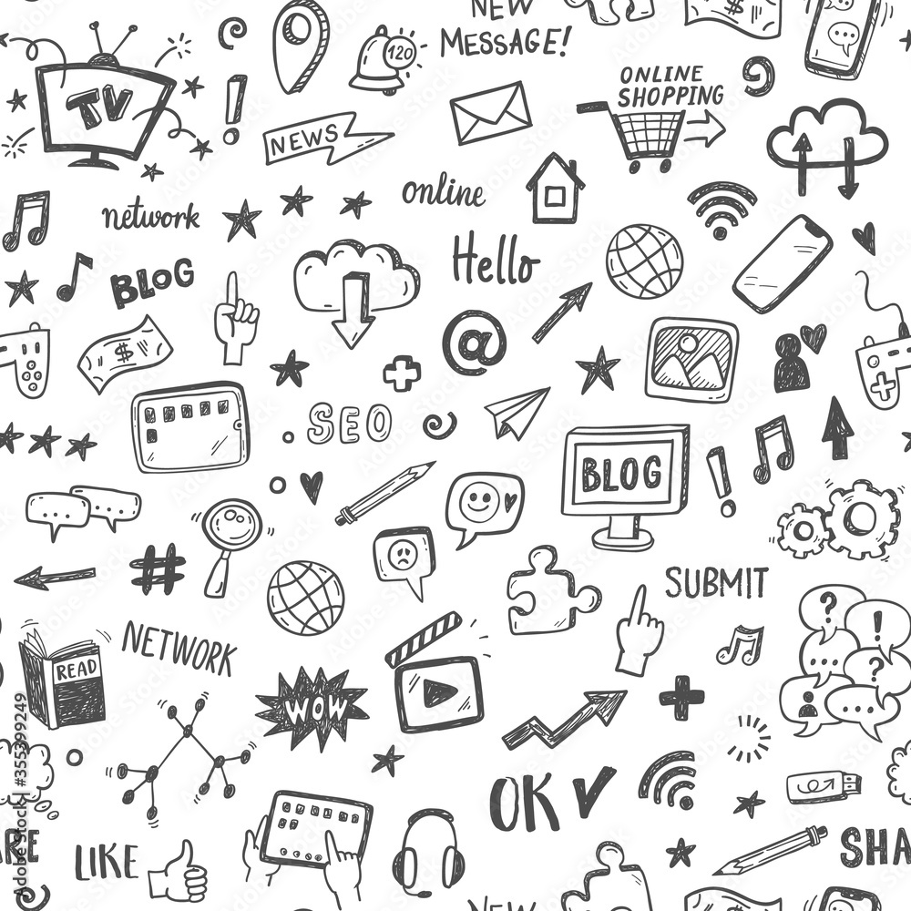 Social media sketch vector seamless doodle pattern. Social media sketch vector seamless doodle pattern.
