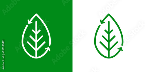Símbolo de reciclado orgánico. Icono plano lineal hoja de planta con flechas girando en fondo verde y fondo blanco