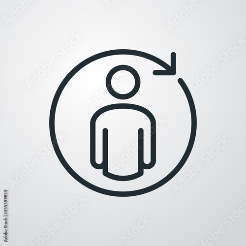 Icono plano lineal hombre con flecha circular girando en fondo gris