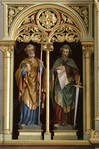 St. Peter and Paul statues on the main altar at St. Stephen's Church The Protomartyr in Stefanje, Croatia