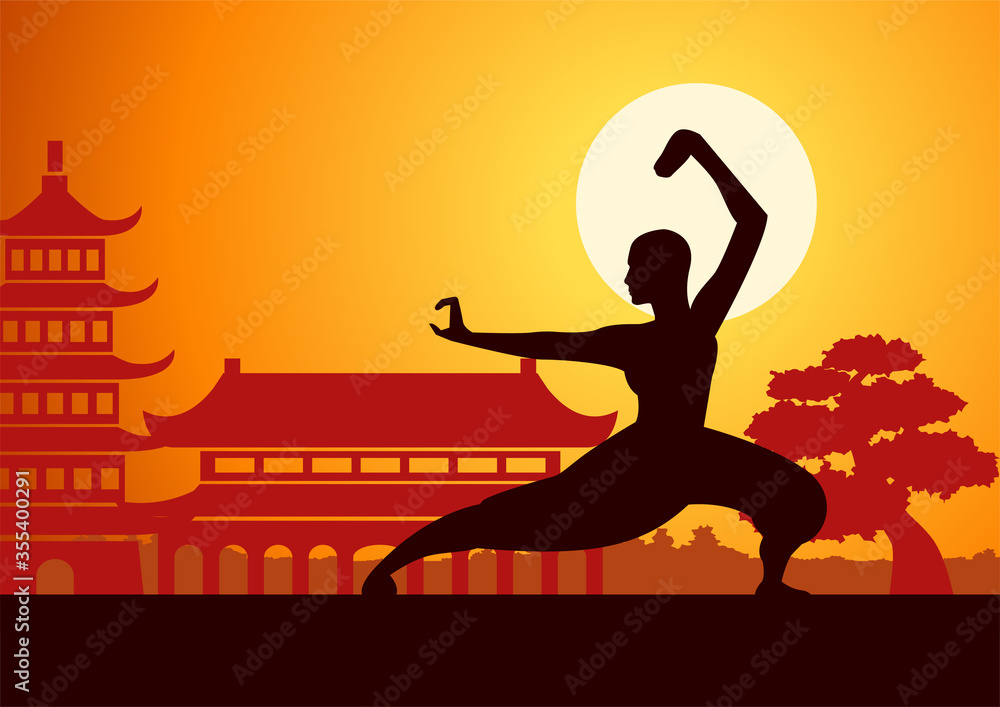 Chinese Boxing Kung Fu martial art famous sport,monk Train to fight,around with China landmarks,sunset silhouette design