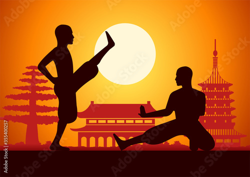 Chinese Boxing Kung Fu martial art famous sport,two boxer fight together around with china landmarks,sunset silhouette design
