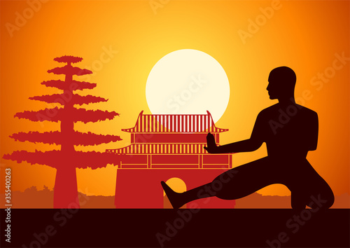 Chinese Boxing Kung Fu martial art famous sport,monk Train to fight,around with China landmarks,sunset silhouette design