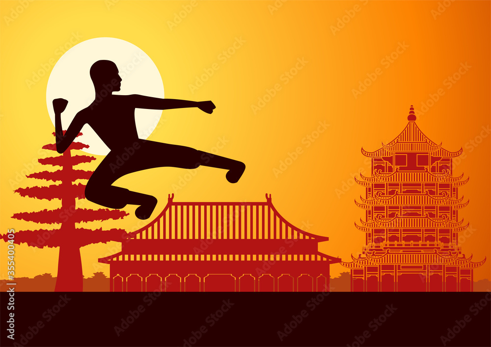 Naklejka Chinese Boxing Kung Fu martial art famous sport,monk Train to fight,around with China landmarks,sunset silhouette design