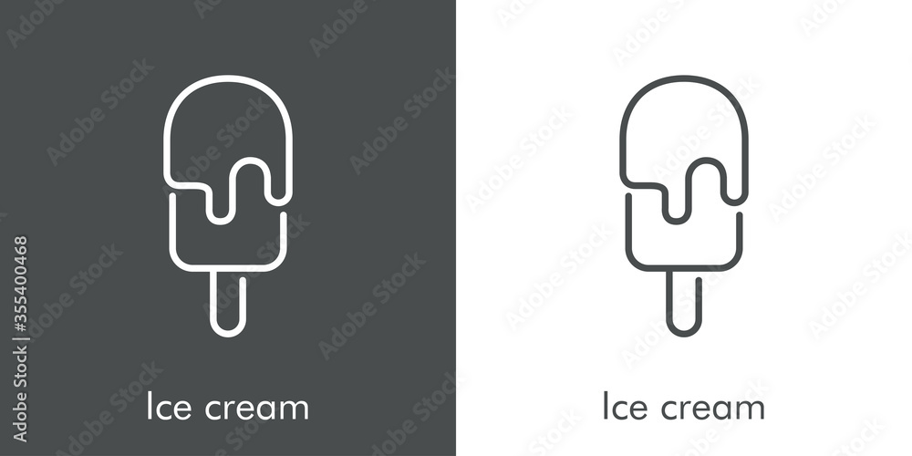 Símbolo helado con paleta de madera y cobertura de chocolate. Icono plano lineal con texto Ice cream en fondo gris y fondo blanco Símbolo helado con paleta de madera y cobertura de chocolate. Icono plano lineal con texto Ice cream en fondo gris y fondo blanco