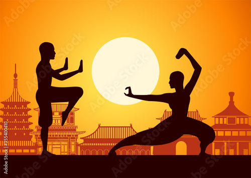 Chinese Boxing Kung Fu martial art famous sport,two boxer fight together around with china landmarks,sunset silhouette design