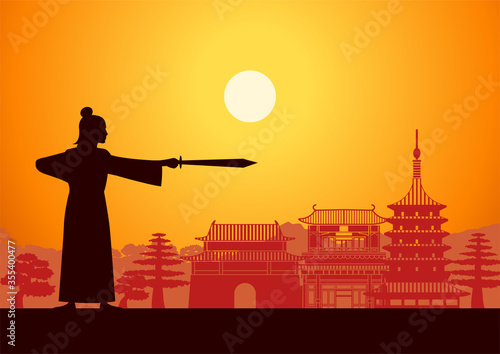 Chinese martial hero train fight front of China landmarks on sunset time,silhouette style,vector illustration