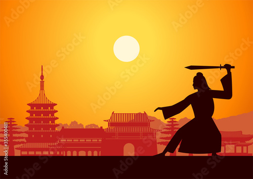 Chinese martial hero train fight front of China landmarks on sunset time,silhouette style,vector illustration