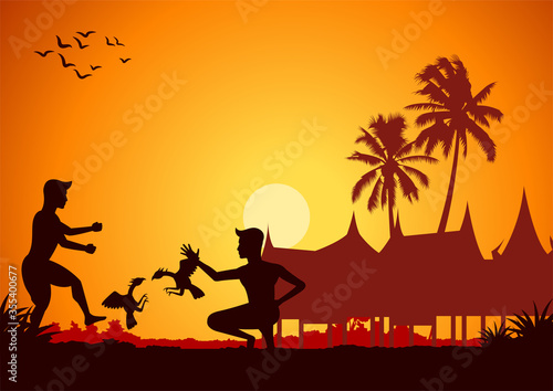 men playing cock fighting gamble around with country rural life in silhouette style vector illustration