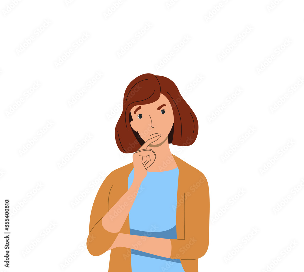 The girl thought, makes a choice, reflects. Vector illustration, flat cartoon design, eps 10. The girl thought, makes a choice, reflects. Vector illustration, flat cartoon design, eps 10.
