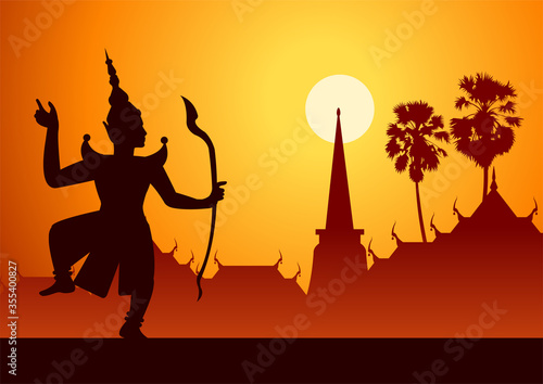 Thai ancient literature play of Ramaya called pantomine Rama or Vishnu shooting arrow silhouette style,vector illustration