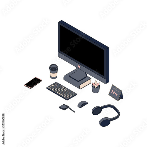 Isometric desk scene, 3d headphones computer, device and coffee. Cool 3d effect design