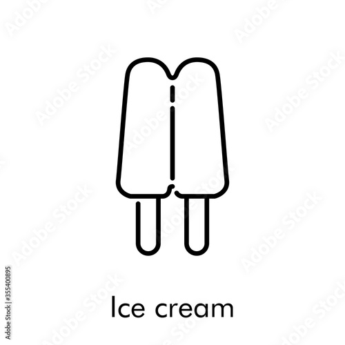 Símbolo helado doble con paleta de madera. Icono plano lineal con texto Ice cream en color negro