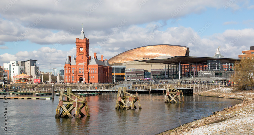 Naklejka premium Cardiff Bay is the area created by the Cardiff Barrage in South Cardiff, the capital of Wales. The Welsh National Assembly is located there.