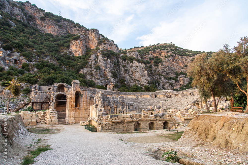  Lycian rock cut tombs in Myra in Turkey 