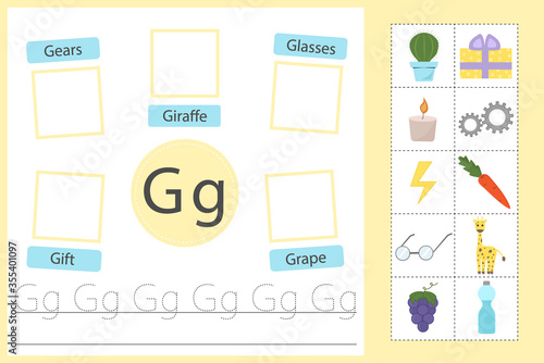 Alphabet tracing worksheet for preschool and kindergarten. Practice writing letter G. Exercises with cards for kids. Vector illustration