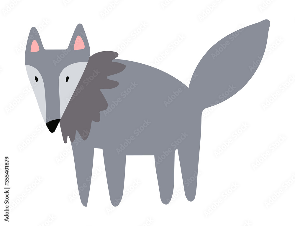 Vector cute wolf stands on a white background isolated clip-art. Print for clothes, goods, products for children and toddlers. Gray animal in flat style