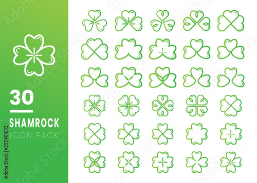 Set of 30 leaf clover icon. Green shamrock isolated on white background. Suitable for web site page and mobile app design vector element.
