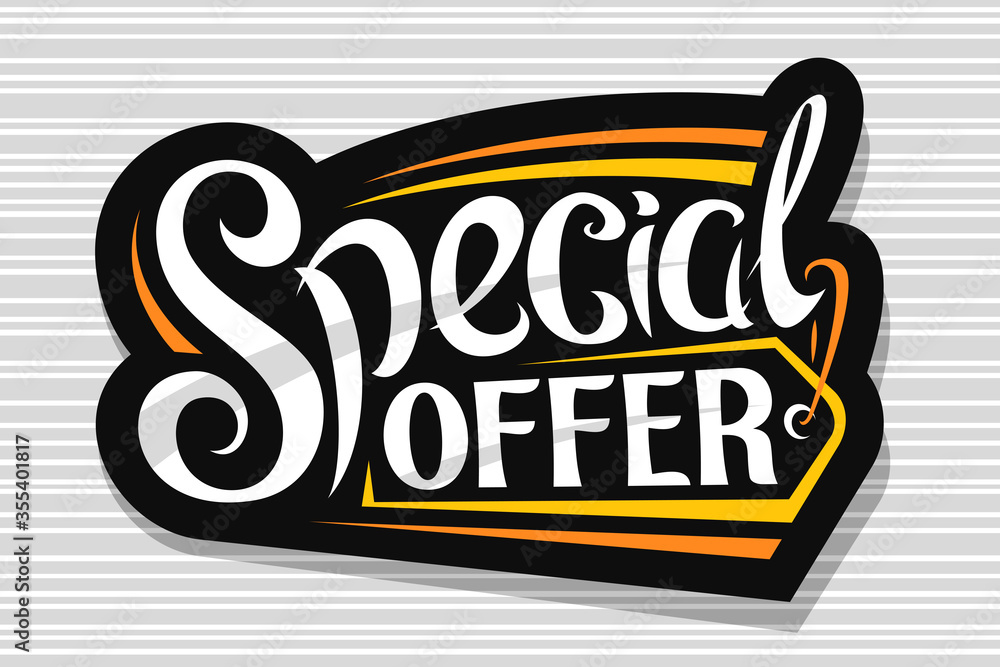 Vector logo for Special Offer Sale, dark decorative price tag for black friday or cyber monday sale with unique handwritten lettering for words special offer on grey abstract background.