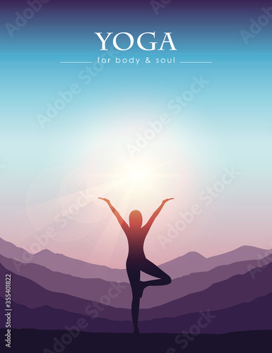 girl makes yoga on mountain landscape at beautiful sunset vector illustration EPS10