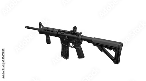 Modern black automatic rifle isolated on white. Weapons for police, special forces and the army. Automatic carbine with mechanical sights. © solidmaks
